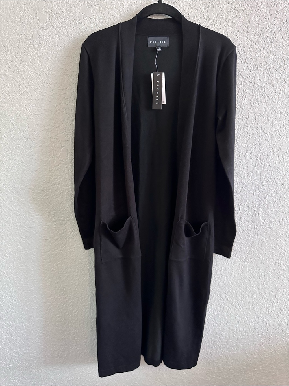 Premise NWT Black Longline Open Front Duster Cardigan Sweater Pockets Size S